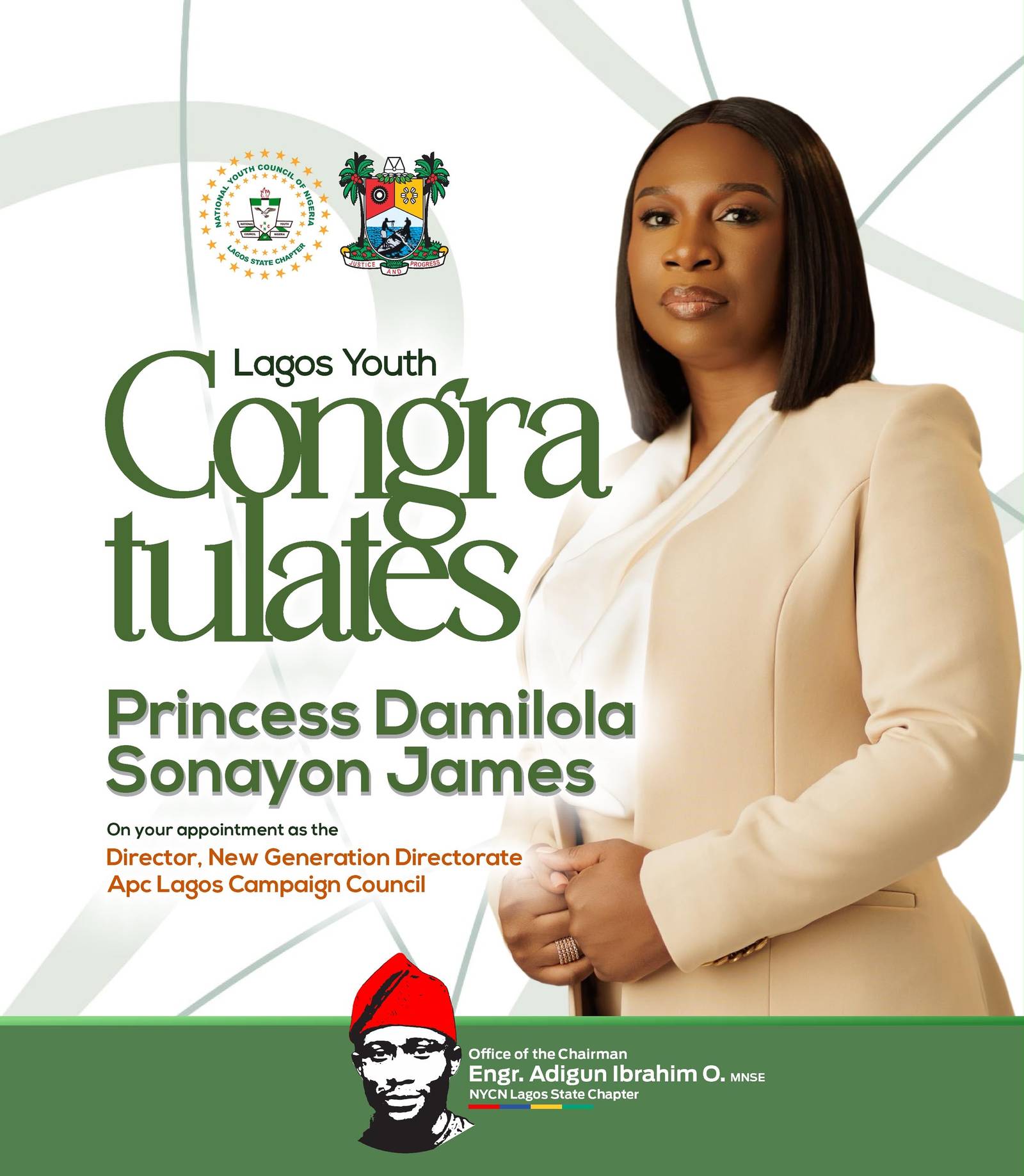 Engr. Adigun Congratulates Princess Damilola Sonayon-James On Her Appointment As Director, Lagos APC Directorate Of New Generation